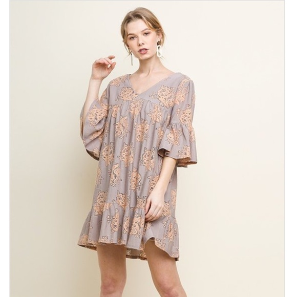 Umgee Dotted Lace Half Sleeve Mock Neck Back Tie Velvet Dress